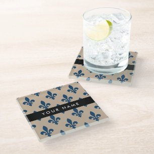 Posavasos De Vidrio Fleur de Lis, Azul Marino sobre Beige, Real, Tu No