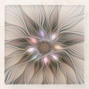 Posavasos De Vidrio Flor abstracta alegre beige marrón fractal floral