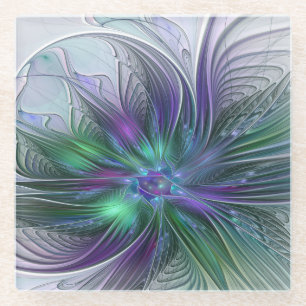 Posavasos De Vidrio Flor abstracta moderna fractal verde morado