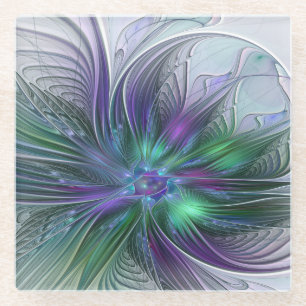 Posavasos De Vidrio Flor Abstracta Moderna Fractal Verde Púrpura