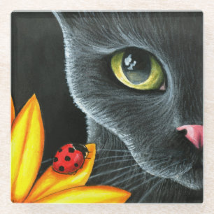 Posavasos De Vidrio Flor amarilla del gato negro 510