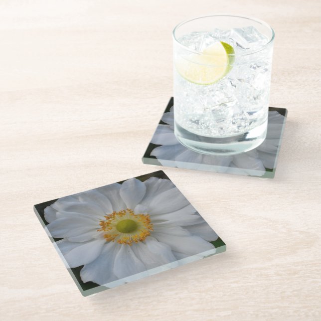 Posavasos De Vidrio Flor anémona japonesa blanca (Angular)