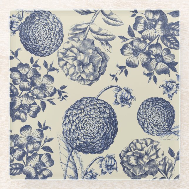 Posavasos De Vidrio Flor azul anticuada impresa floral (Anverso)