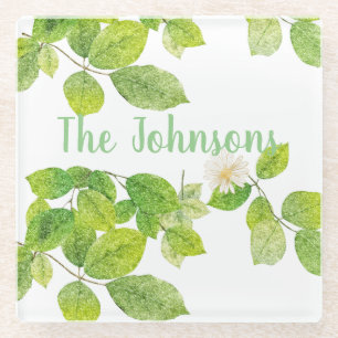 Posavasos De Vidrio Flor blanca y jardín de hojas verdes