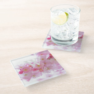 Posavasos De Vidrio Flor de cerezo rosa elegante monograma