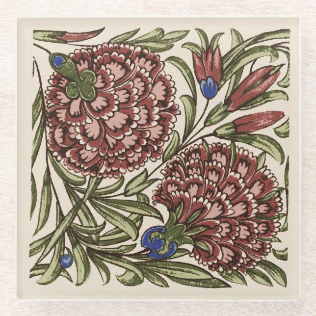 Posavasos De Vidrio Flor de clavel Tile Antiguo Arte Rústico (Anverso)