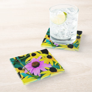 Posavasos De Vidrio Flor de cono rosa y púrpura con flores amarillas
