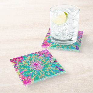 Posavasos De Vidrio Flor de Dalia Verde Turquesa y Rosa Caliente Decor