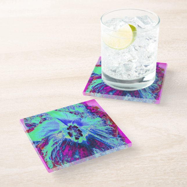 Posavasos De Vidrio Flor de hibiscus verde y azul psicodélico retro (Angular)
