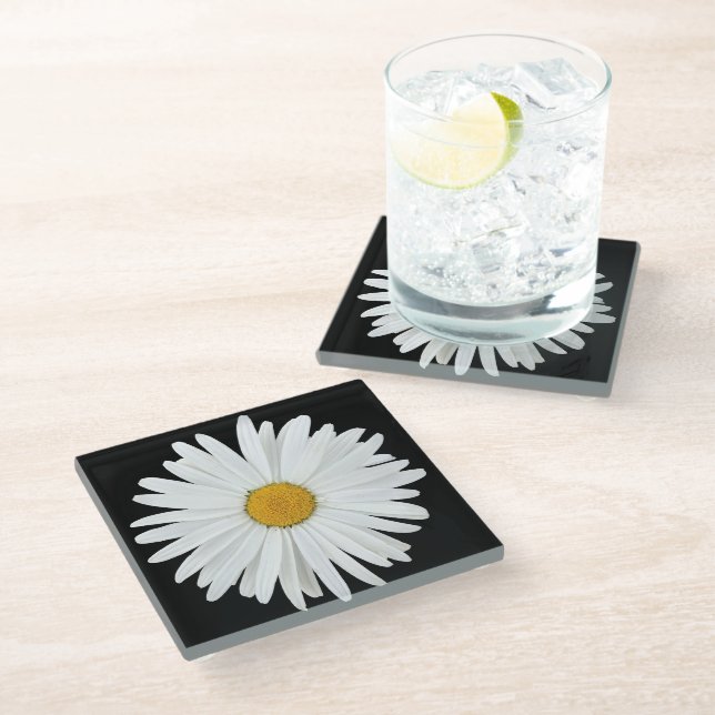 Posavasos De Vidrio Flor de margarita blanca sobre flor negra (Angular)
