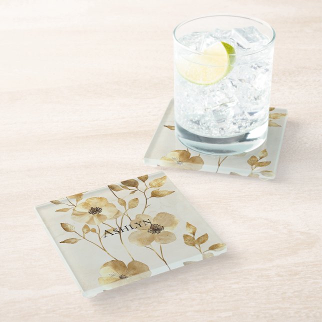 Posavasos De Vidrio Flor de oro crema (Angular)