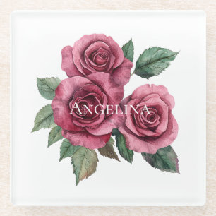 Posavasos De Vidrio Flor de Rosas rojos y verdes