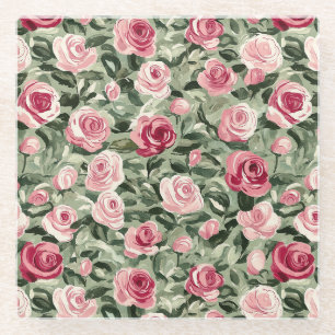 Posavasos De Vidrio Flor de Rosas rojos y verdes