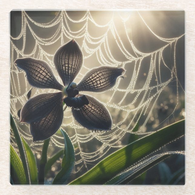 Posavasos De Vidrio Flor de Spiderweb de orquídea negra (Anverso)