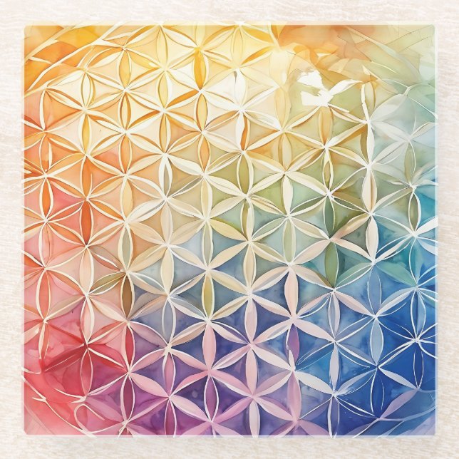 Posavasos De Vidrio Flor de vida - Pintura de acuarela (Anverso)