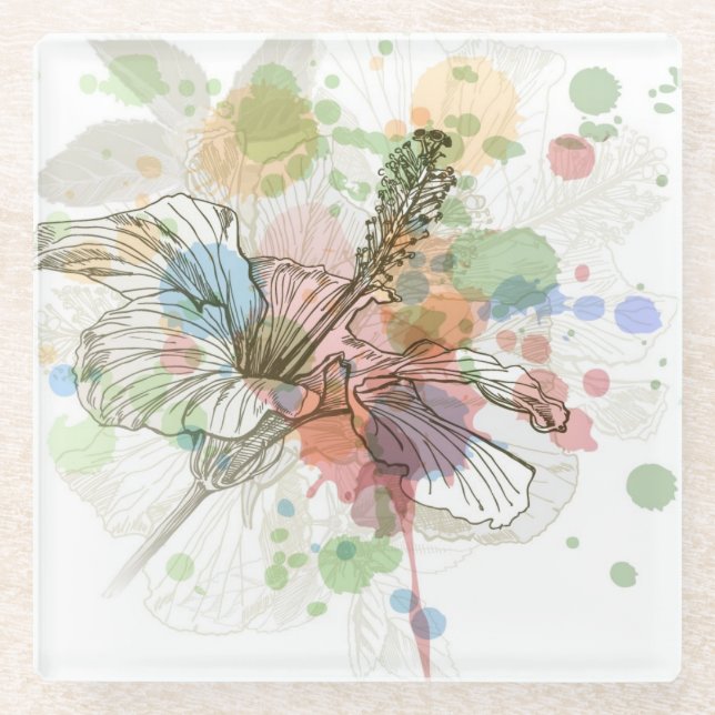 Posavasos De Vidrio Flor del hibisco y fondo de la acuarela (Anverso)