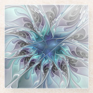 Posavasos De Vidrio Flor Fractal Moderna Con Azul