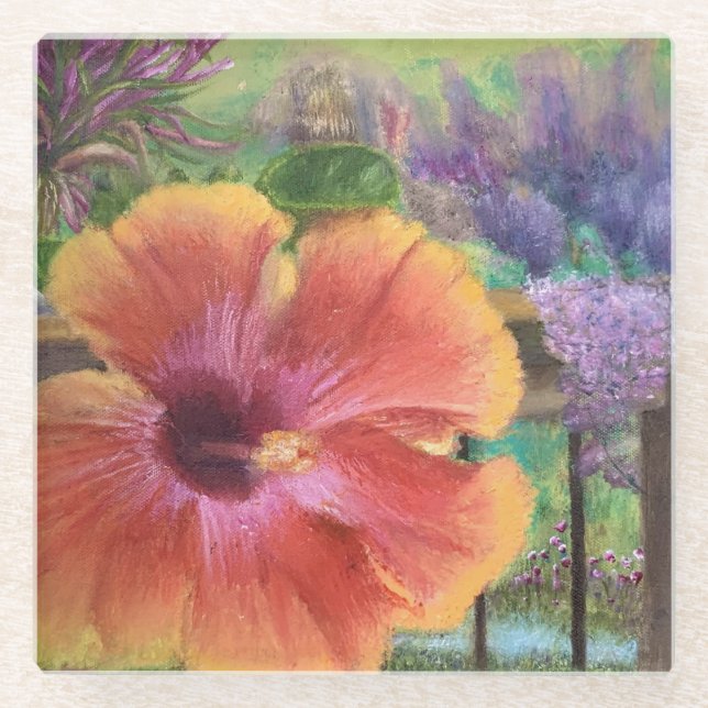 Posavasos De Vidrio Flor hibiscus, pintura al óleo de Sherry Shedenhel (Anverso)