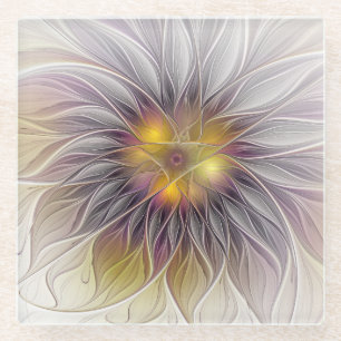 Posavasos De Vidrio Flor Luminosa Colorida, Fractal Moderno Abstracto