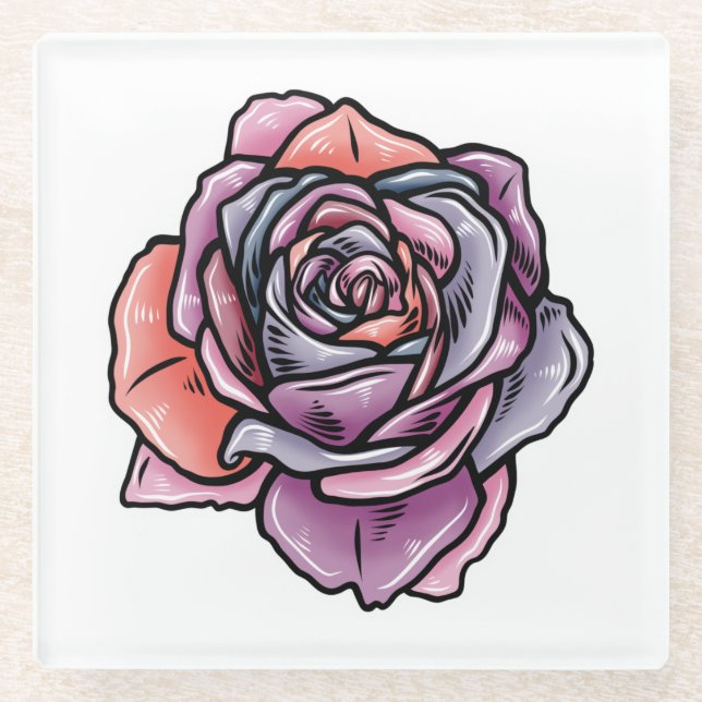 Posavasos De Vidrio Flor Rosa de color (Anverso)