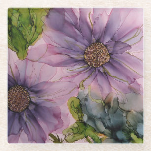 Posavasos De Vidrio flor rosa y morada de tinta de alcohol