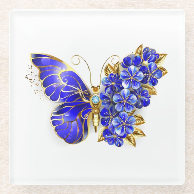 Posavasos De Vidrio Flor Sapphire Mariposa (Anverso)