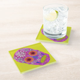 Posavasos De Vidrio Flor Skull 2