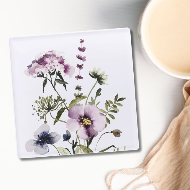 Posavasos De Vidrio Flor violeta Bouquet acuarela Flora (In situ)