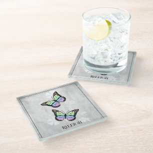 Posavasos De Vidrio Flora de mariposa arcoiris personalizada
