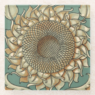 Posavasos De Vidrio Floración del girasol en fondo azulverde