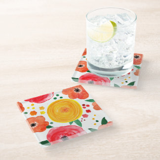Posavasos De Vidrio Floral acuática rosa y amarilla pintada a mano