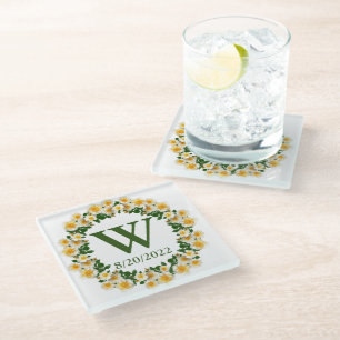 Posavasos de vidrio floral amarillo con monograma 