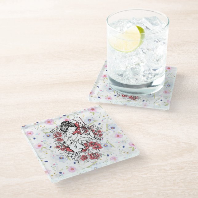 Posavasos De Vidrio Floral asiático (Angular)