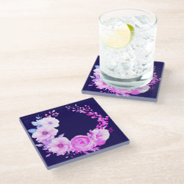 Posavasos De Vidrio Floral azul profundo y rosa