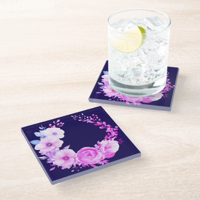 Posavasos De Vidrio Floral azul profundo y rosa (Angular)