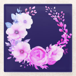 Posavasos De Vidrio Floral azul profundo y rosa