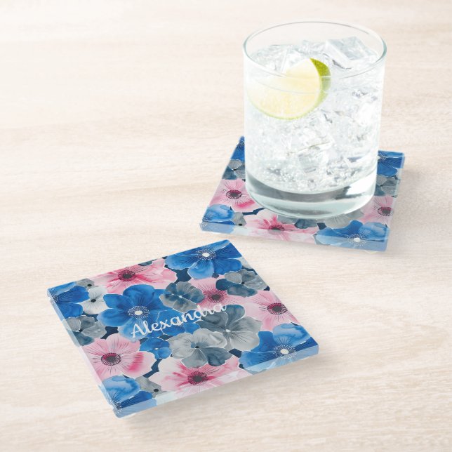 Posavasos De Vidrio Floral azul rosa de moda (Angular)