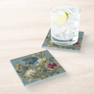 Posavasos de vidrio floral azul y marfil vintage