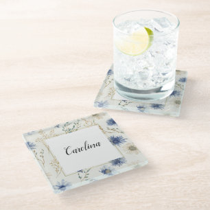 Posavasos De Vidrio Floral Blanco Azul  