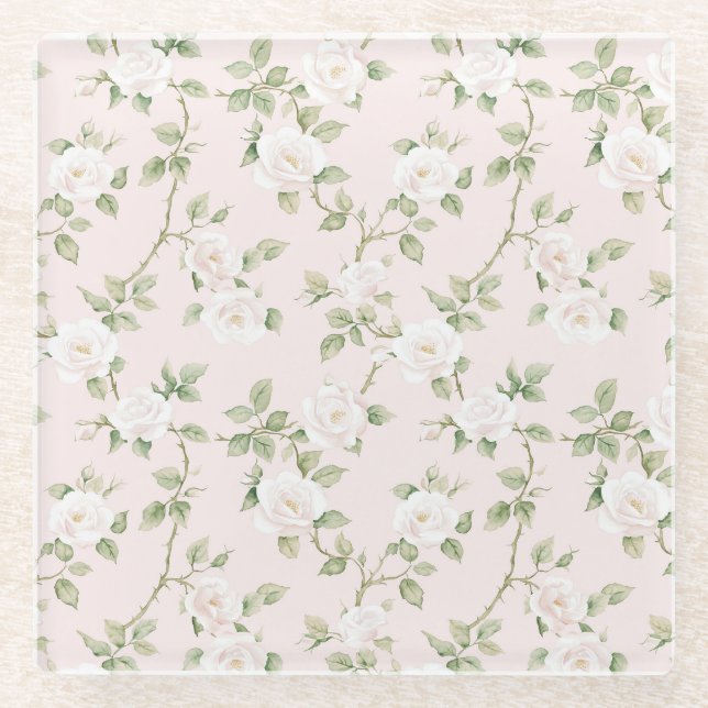 Posavasos De Vidrio Floral Blanco Rosado   (Anverso)