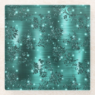 Posavasos De Vidrio Floral Brillante y Glitter de Hoja de Teal con Est