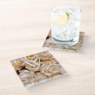 Posavasos de vidrio floral con monograma elegante
