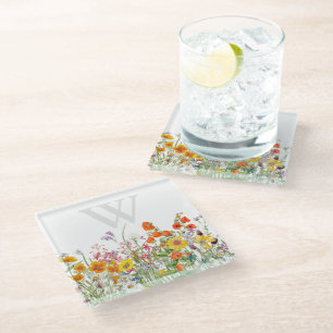 Posavasos de Vidrio Floral con Monograma Elegante