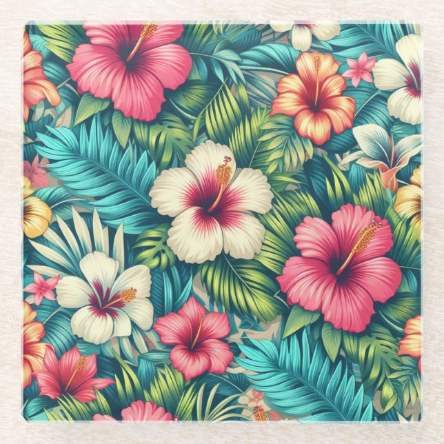 Posavasos De Vidrio Floral hawaiano/tropical (Anverso)