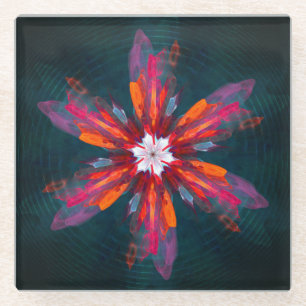 Posavasos De Vidrio Floral Mandala Flores Naranja Azul Rojo Resumen