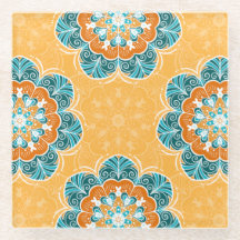Floral Mandala Tile en Naranja y Verde azulado