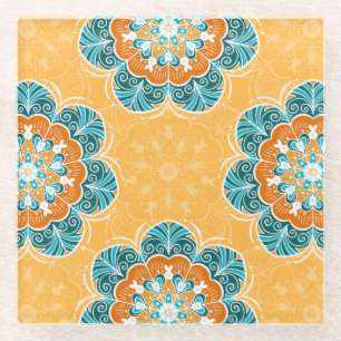 Posavasos De Vidrio Floral Mandala Tile en Naranja y Verde azulado