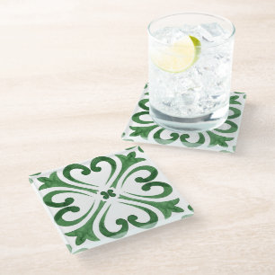 Posavasos De Vidrio Floral Marroquí Aquarela Verde Bosque y Blanco