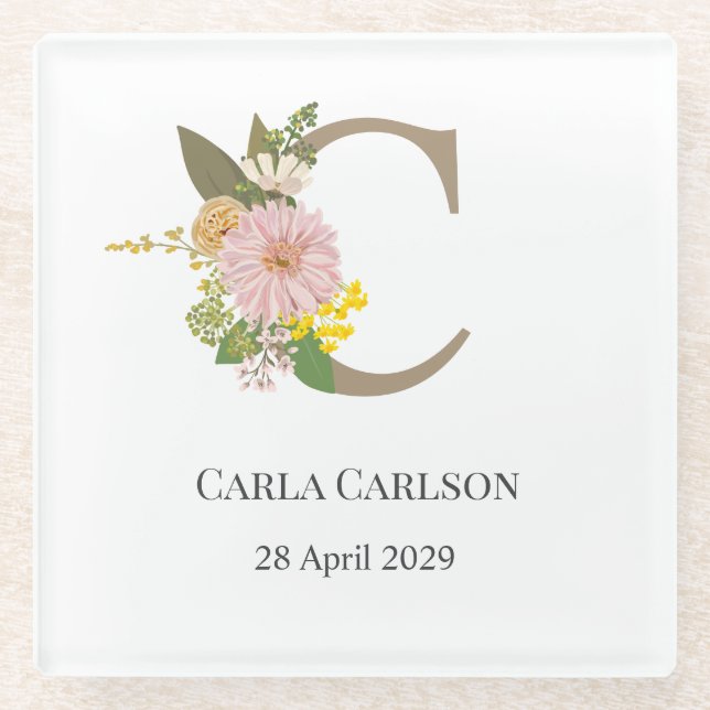 Posavasos De Vidrio Floral Monogram Letter C Custom Name and Date  (Anverso)