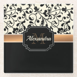 Posavasos De Vidrio Floral negro y blanco